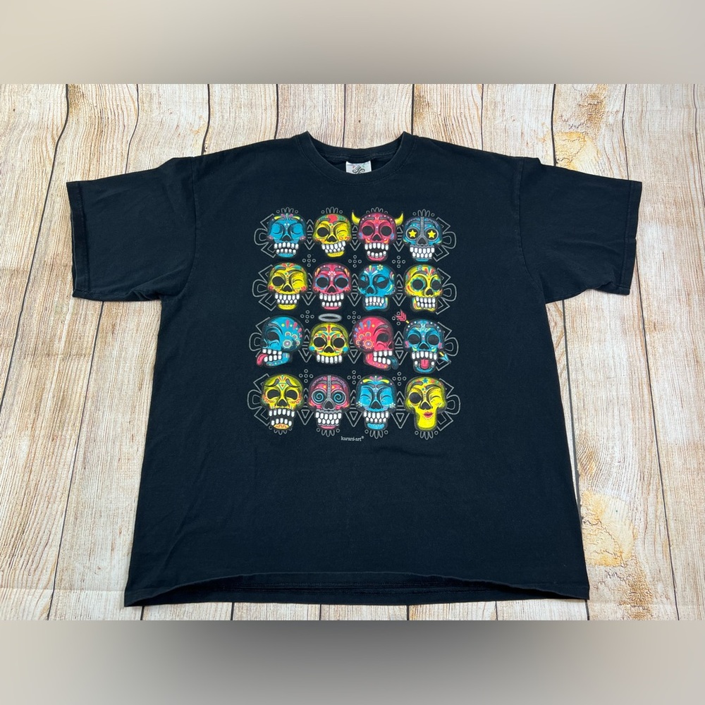 Karani Art Graphic T Shirt Multi Skulls Day of the Dead Cozumel Mexico XL